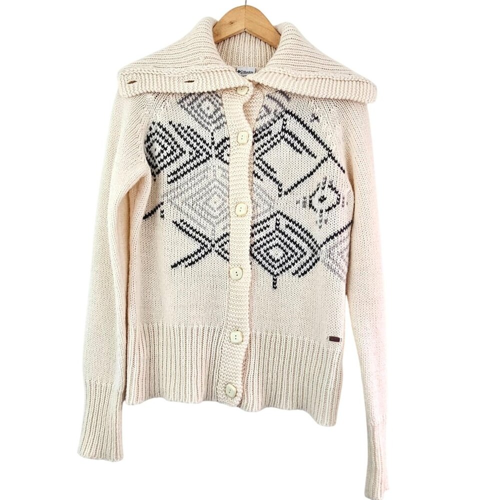 Columbia Womens Sz L Turtle Neck FairIsle Aztec Cardigan Sweater Wool blend EUC